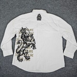 Y2K Red Ape Graphic Lion Crown Long Sleeve Button Up Shirt White Mens 2XL Flaws